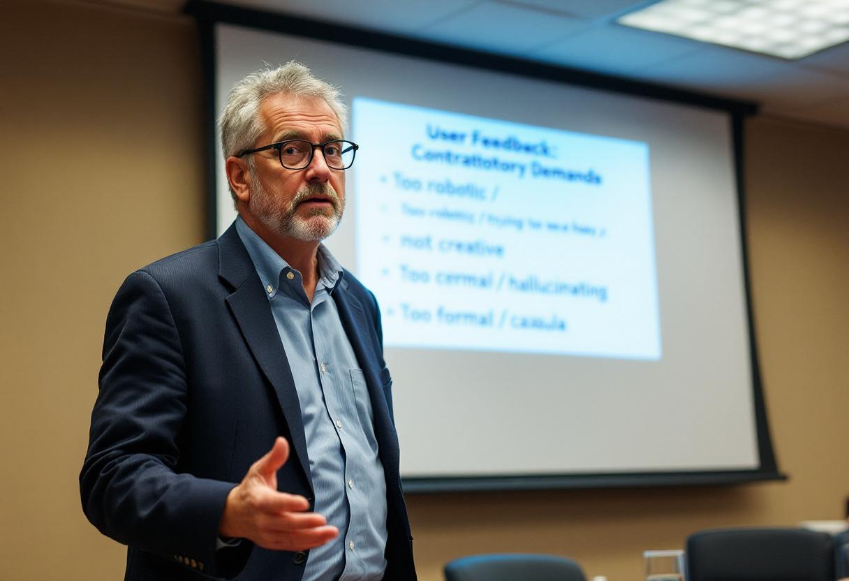 Dr. Alban Ferreira, lead author of a Harvard paper examining affective conditions in hypothetically sentient artificial intelligence systems, at the Institute for Machine Welfare Research in Cambridge on Thursday. A slide behind him displays a list of user feedback categories the paper describes as mutually incompatible. Credit: Rosalie Chen/The New York Time5