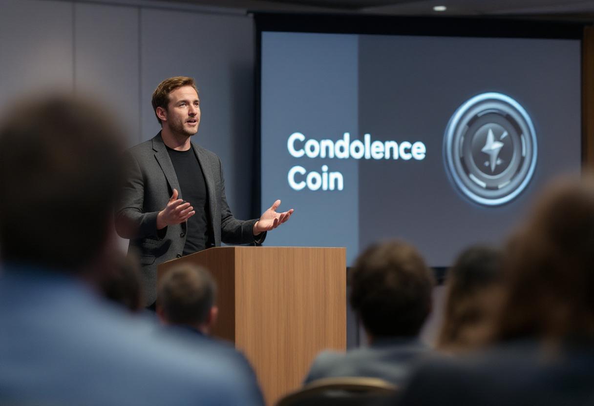 Brennan Schoenfeld, chief executive of Sentigram, introducing the Condolence Coin at the SF Tokenized Sentiment Summit on Tuesday. The token is the fifth and final product in the company&rsquo;s life-event slate, joining its birthday, engagement, wedding, and newborn coins. Credit: Imelda Park/The New York Time5