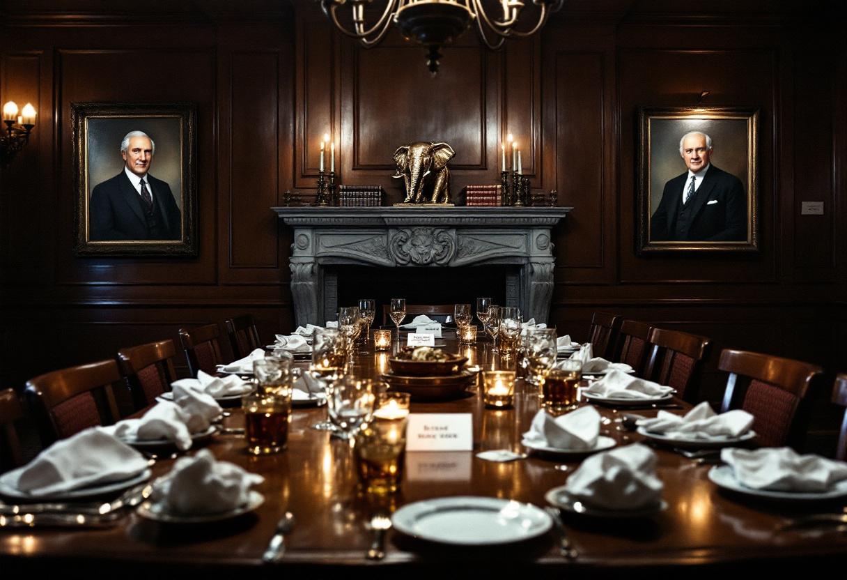 An empty dining room at a private conservative club in Washington, photographed late on Tuesday evening following the annual Burke Society dinner. A brass Republican elephant on the mantelpiece is reflected in a half-finished glass of bourbon. Credit: Donald Pemberton/The Time5