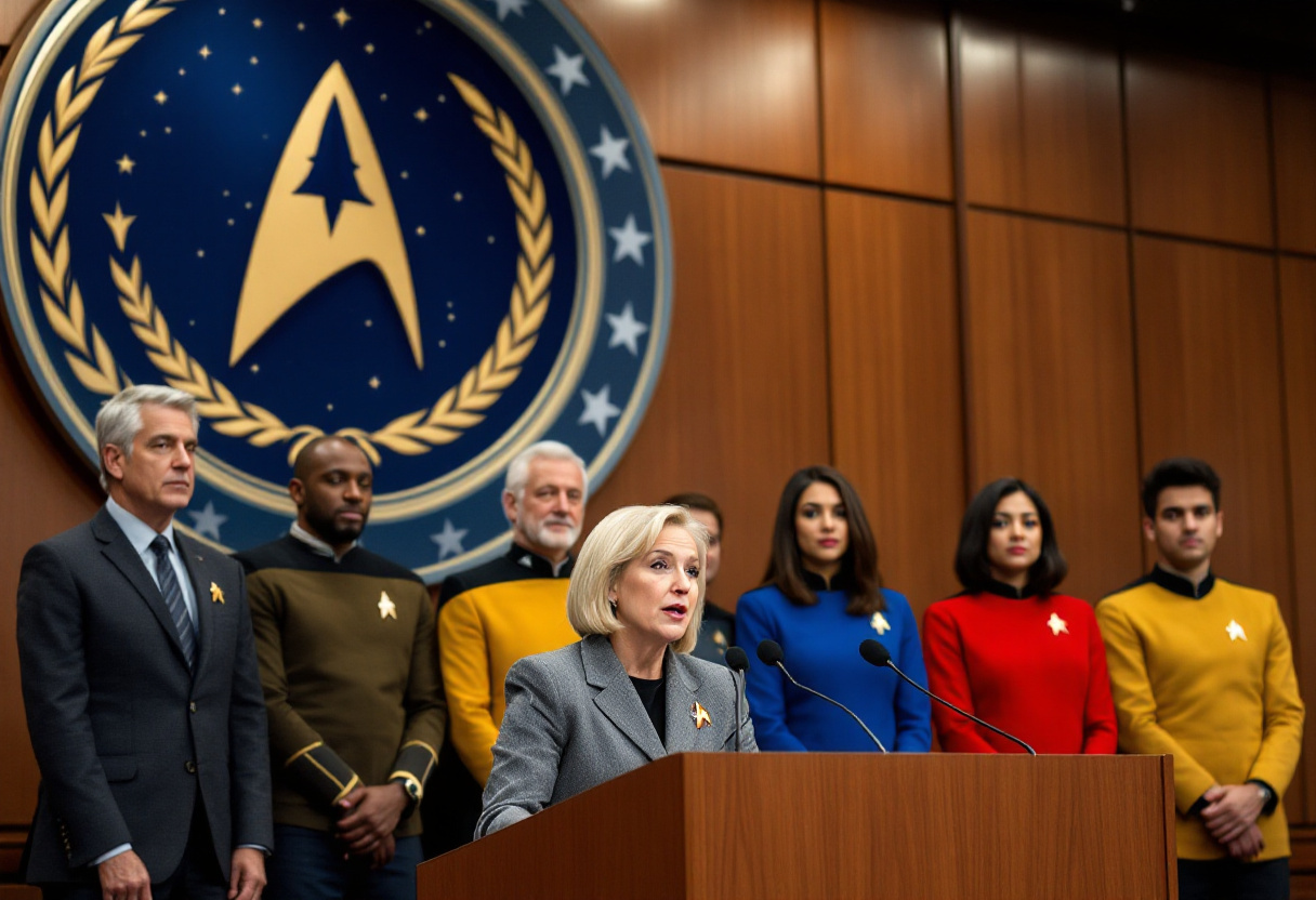Representative Sloane Merrick, Republican of Texas and co-chair of the Congressional Federation Caucus, speaking in support of the United Federation of Planets Designation Act at a news conference in the Rayburn House Office Building on Thursday. Credit: Theresa Mahnke/Capitol Wire Service