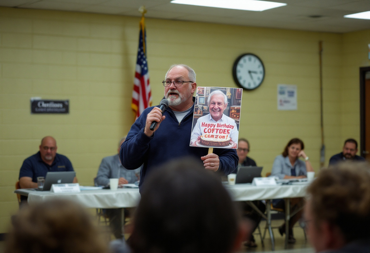 Lowell Pruett addressing the Transportation Committee of Queens Community Board 2 in Sunnyside on Tuesday night, holding a sample placard that reads, in part, &ldquo;Happy Birthday Coftdes Corzon.&rdquo; The committee took no action. Credit: Dolores Quiñones for The New York Time5